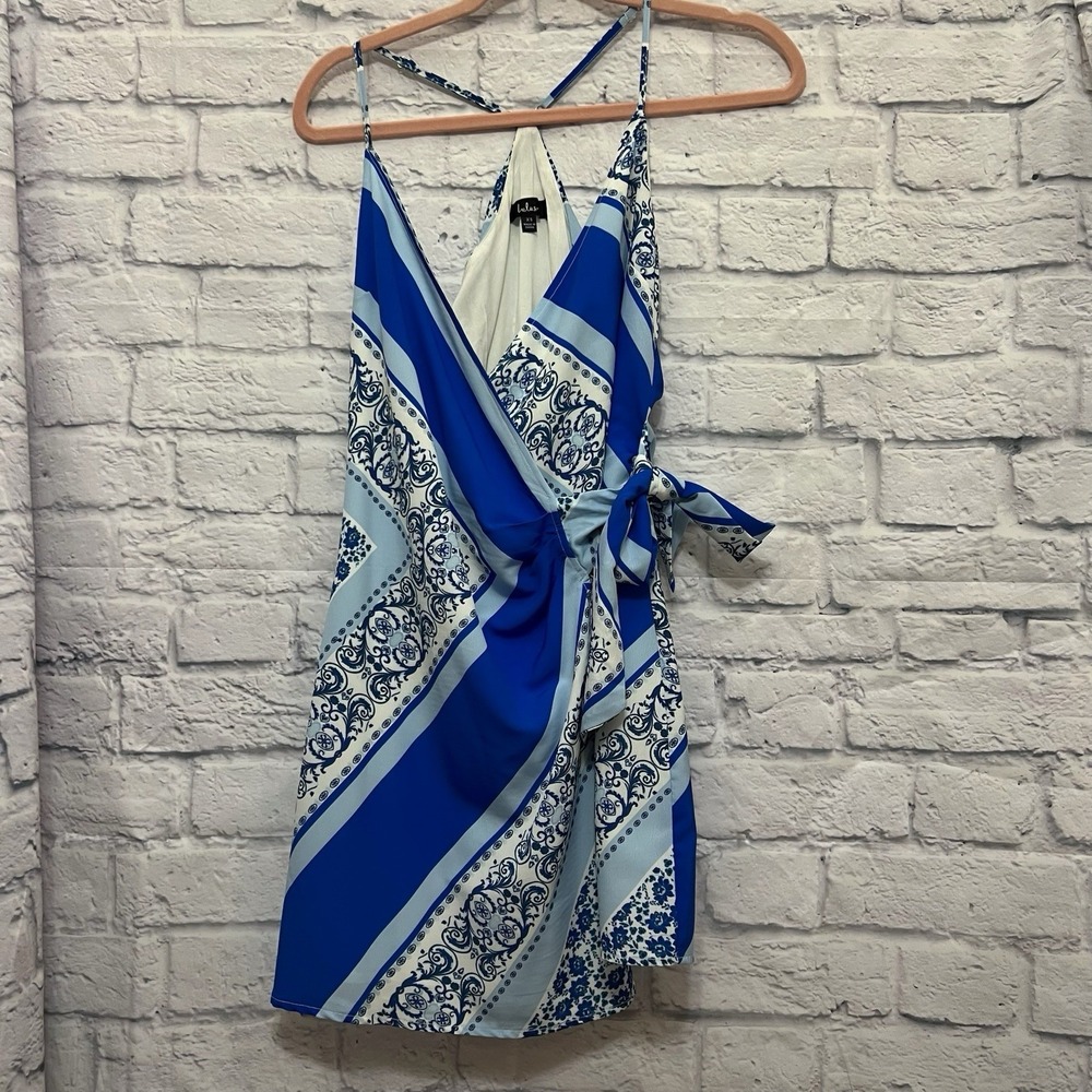 Lulus Every Angle Blue Multi Print Sleeveless Wrap Mini Dress Size S Resort Wear